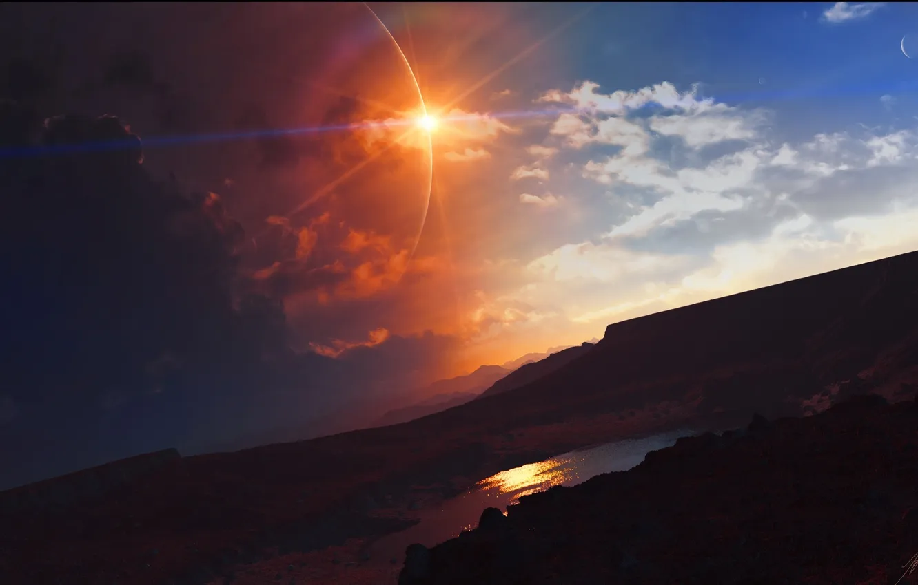 Фото обои солнце, облака, горы, арт, диск