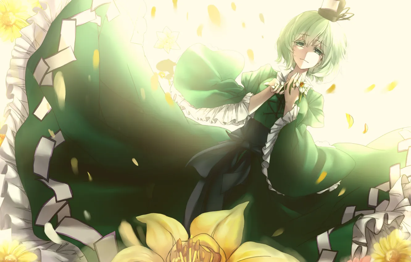 Фото обои девушка, цветы, ветер, шляпа, аниме, лепестки, арт, touhou