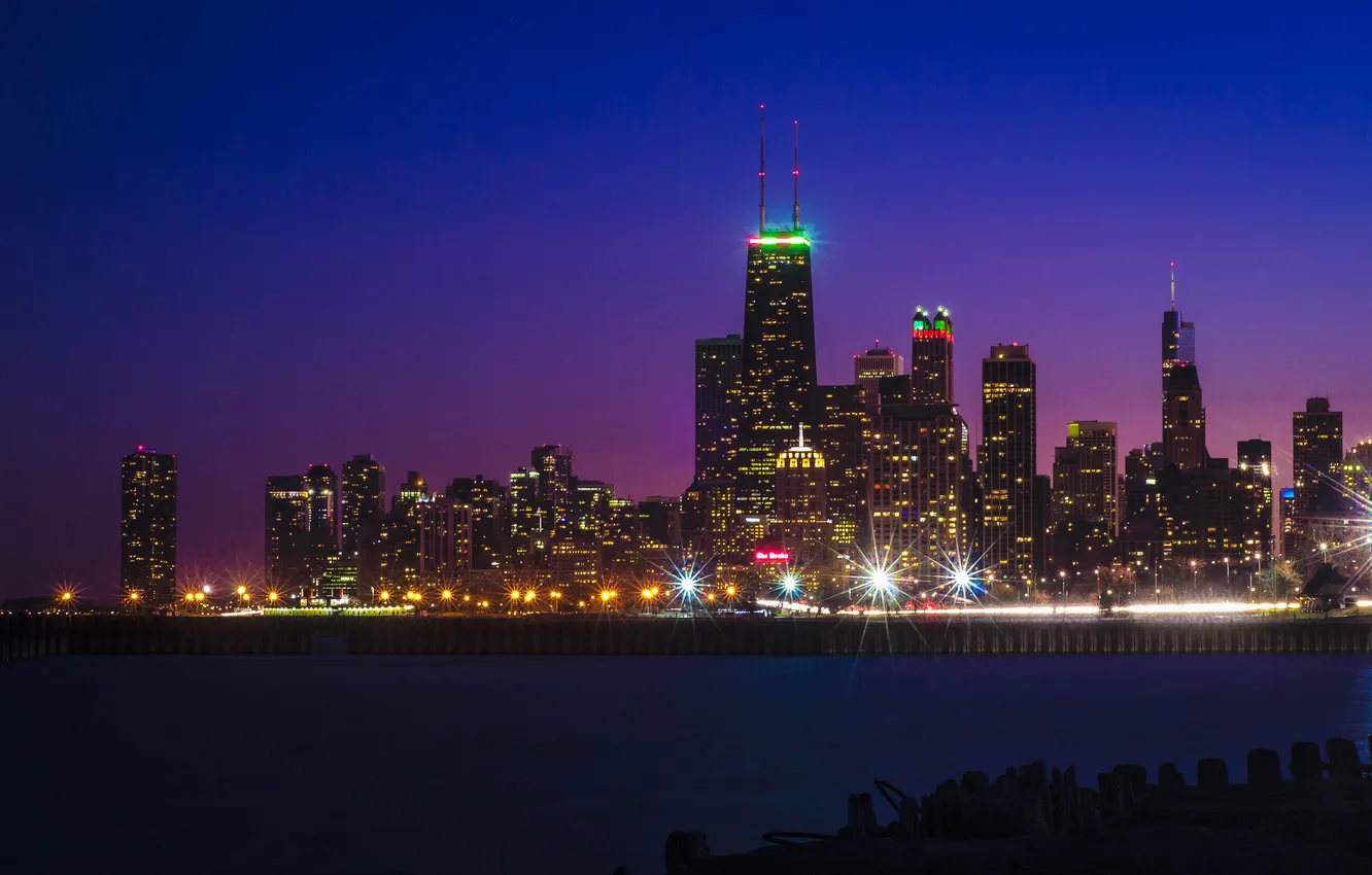 Фото обои закат, ночь, огни, отражение, Чикаго, Иллинойс, озеро Мичиган, Центр Джона Хэнкока