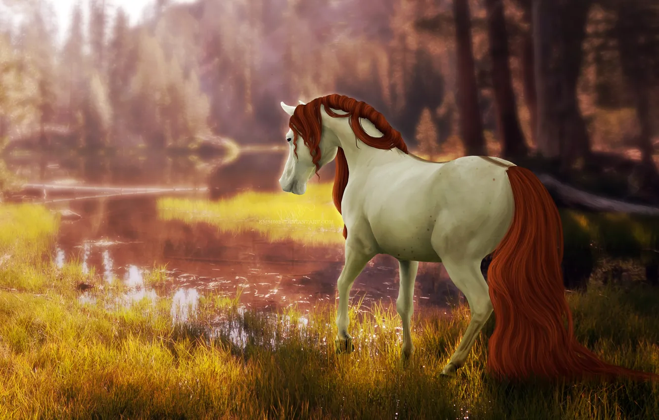 Фото обои лес, природа, река, лошадь, by ellipsiem