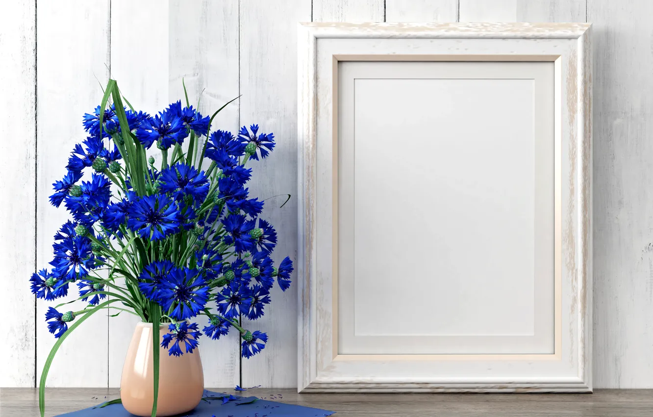 Фото обои цветы, синий, букет, ваза, васильки