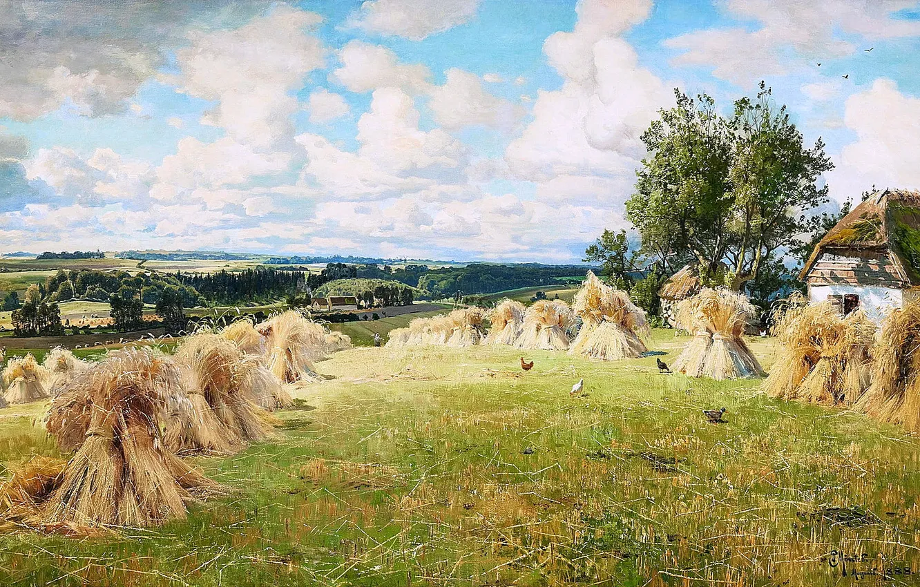 Фото обои Облака, Поле, Дом, Картина, Peder Mork Monsted, Стога, Peder Mørk Mønsted, Датский живописец