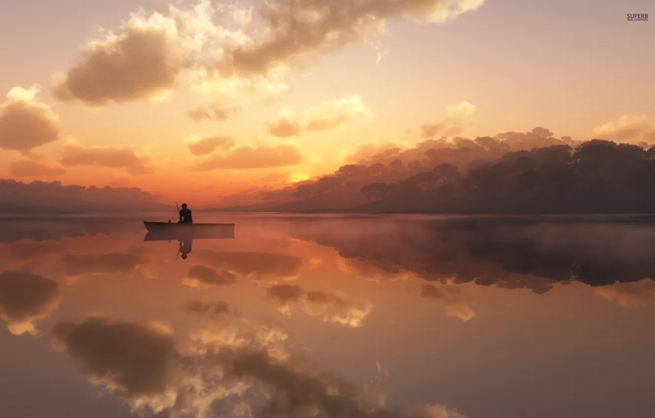 Фото обои озеро, лодка, рыбак, утро