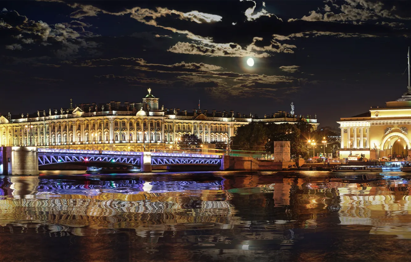 Фото обои ночь, отражение, луна, Эрмитаж, штиль, Адмиралтейство, Санкт Петербург, Зимний Дворец
