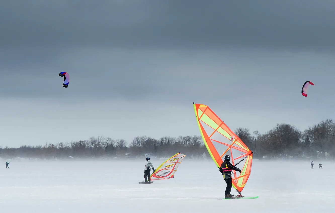 Фото обои зима, снег, ветер, сноубординг, Онтарио, кайт, Кесвик, сноукайтинг