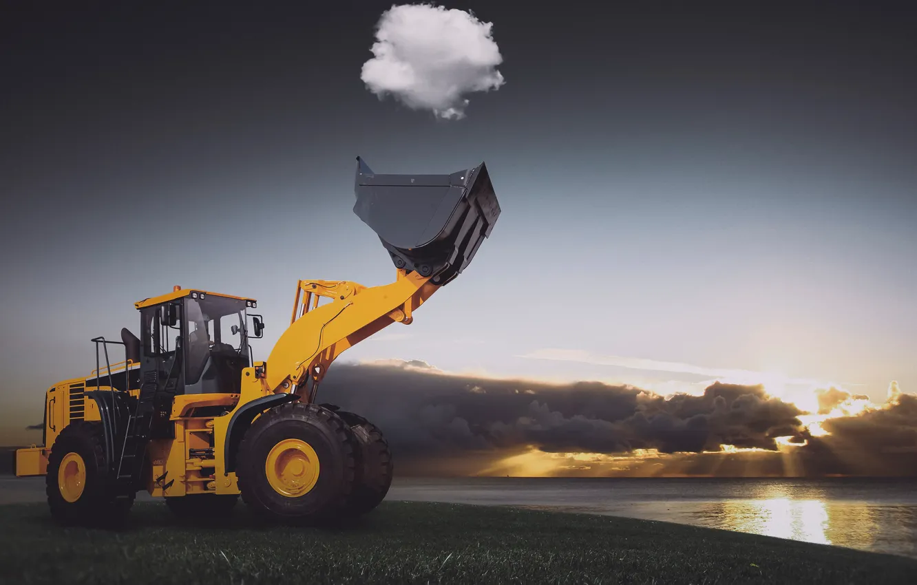 Фото обои солнце, облака, озеро, трактор