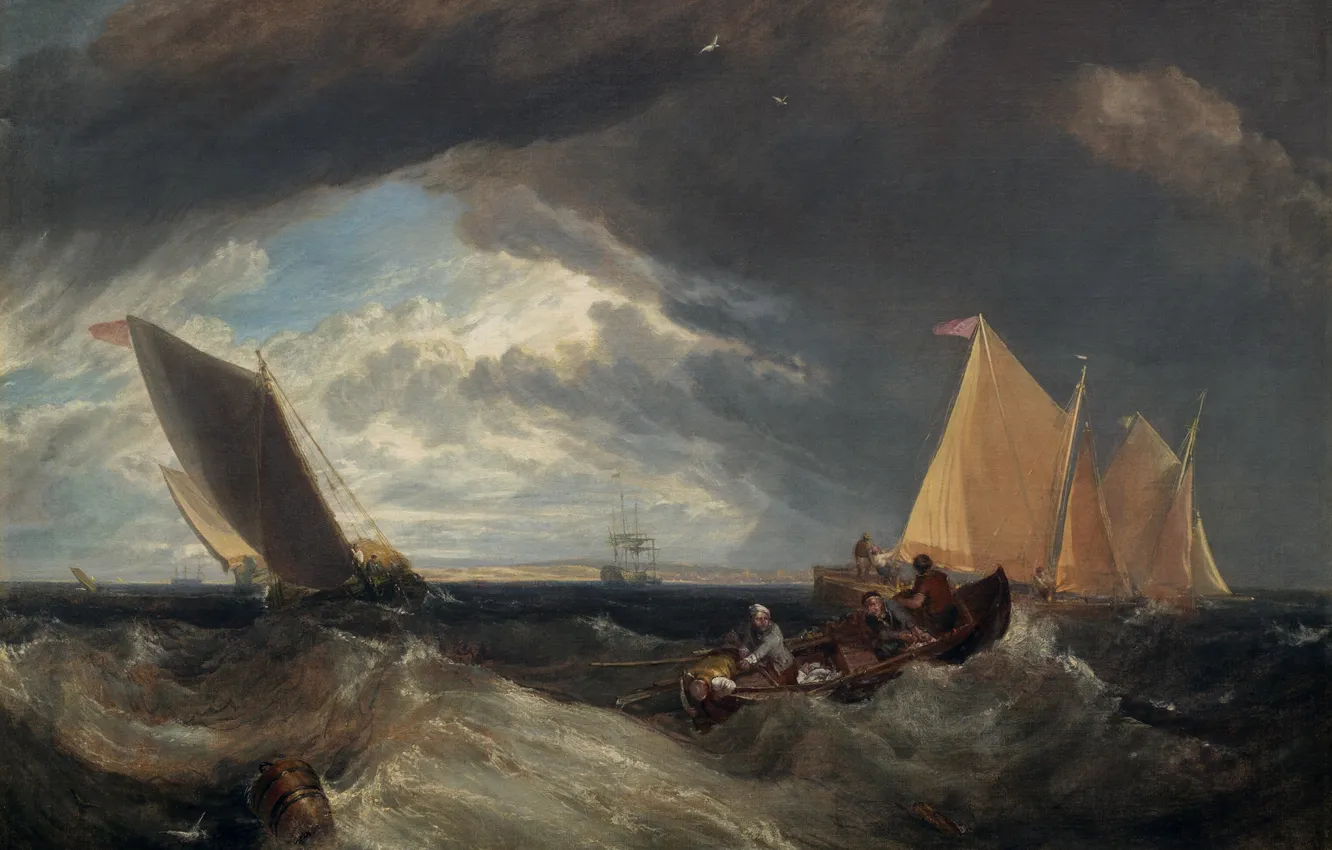 Фото обои пейзаж, река, лодка, картина, парус, Уильям Тёрнер, The Junction of the Thames and the Medway