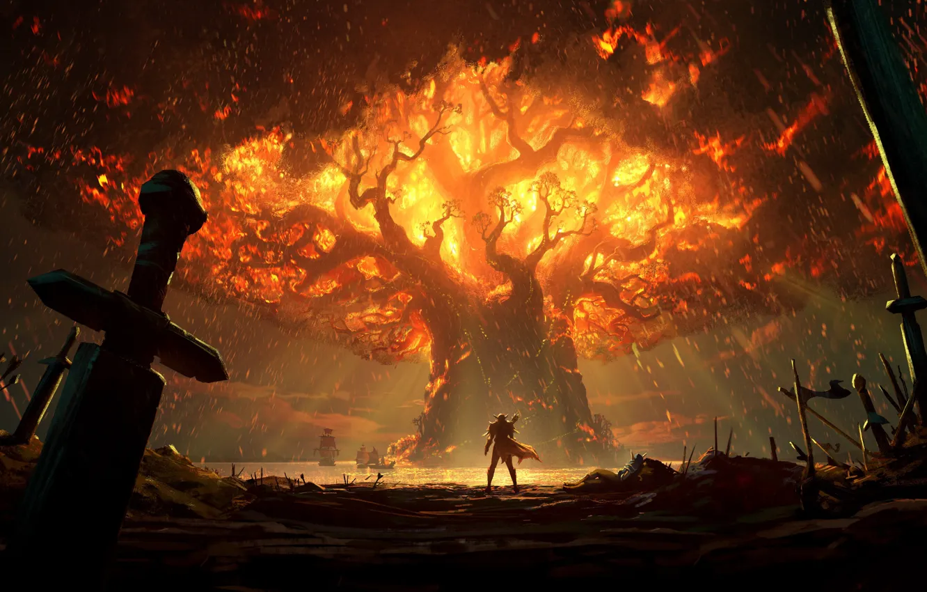 Фото обои пламя, поле боя, древо мира, проклятое место, World of WarCraft, воин с мечом, Battle for …