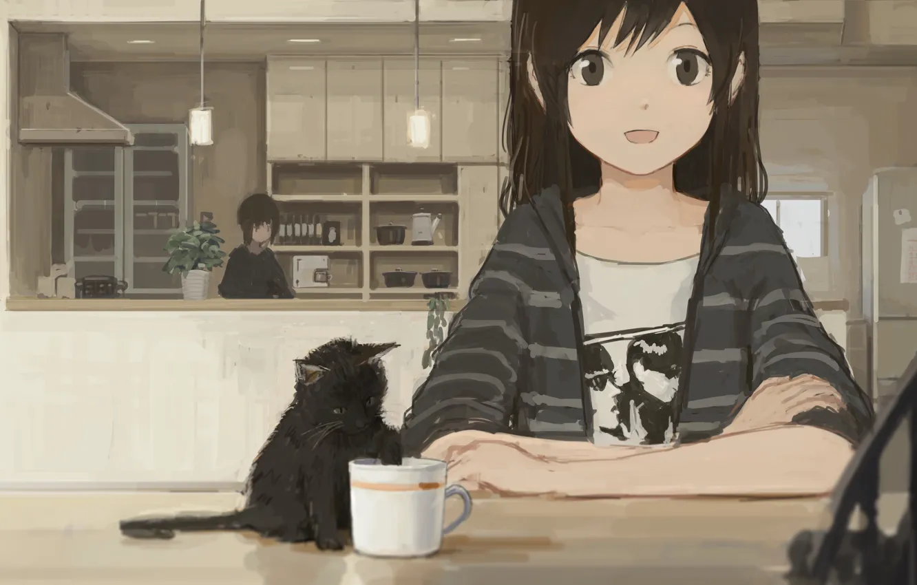 Фото обои кот, улыбка, девушки, аниме, арт, чашка, shion, mirudakemann