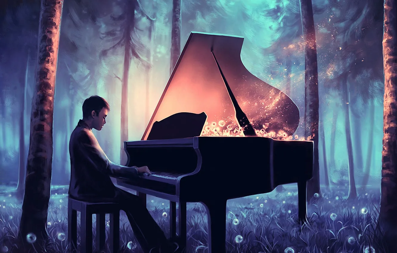 Фото обои лес, ночь, музыка, волшебство, арт, пианино, одуванчики
