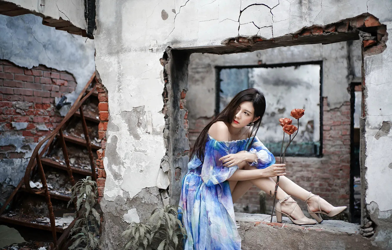 Фото обои девушка, цветы, трещины, поза, стена, голубое, ноги, платье