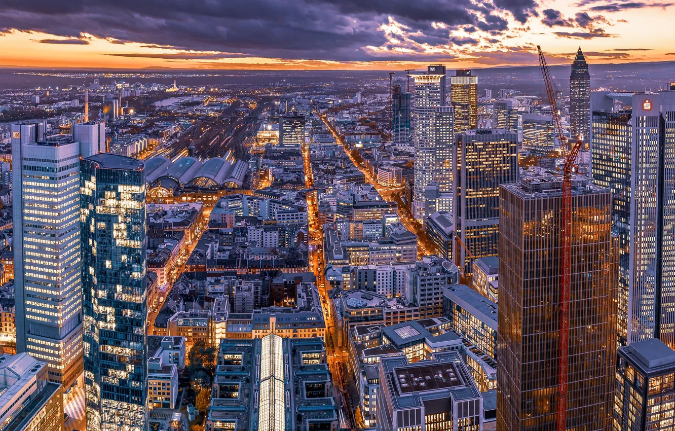 Фото обои здания, дома, Германия, панорама, ночной город, небоскрёбы, Germany, Франкфурт-на-Майне