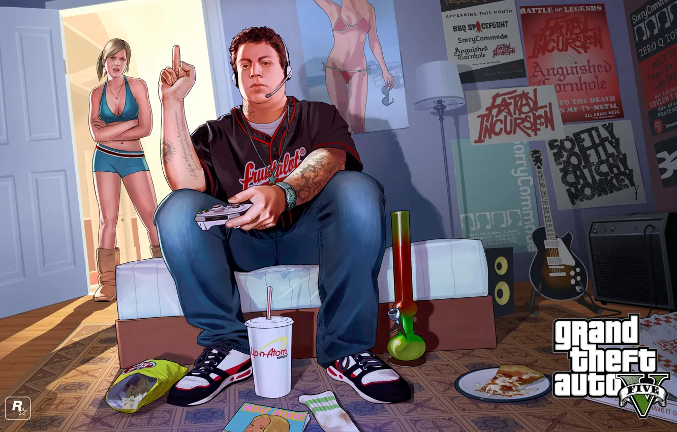 Фото обои комната, мальчик, девочка, постер, gta, Grand Theft Auto V, Rockstar Games, джимми