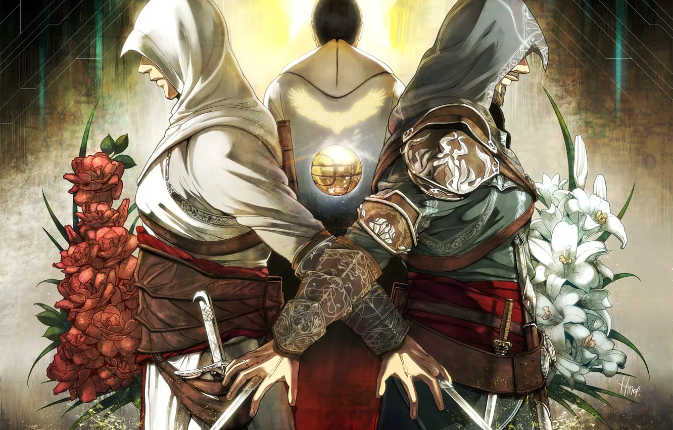 Фото обои цветы, клинки, assassin's creed, ассассин, ezio auditore da firenze, altair ibn la-ahad, hinoe (artist), desmond …