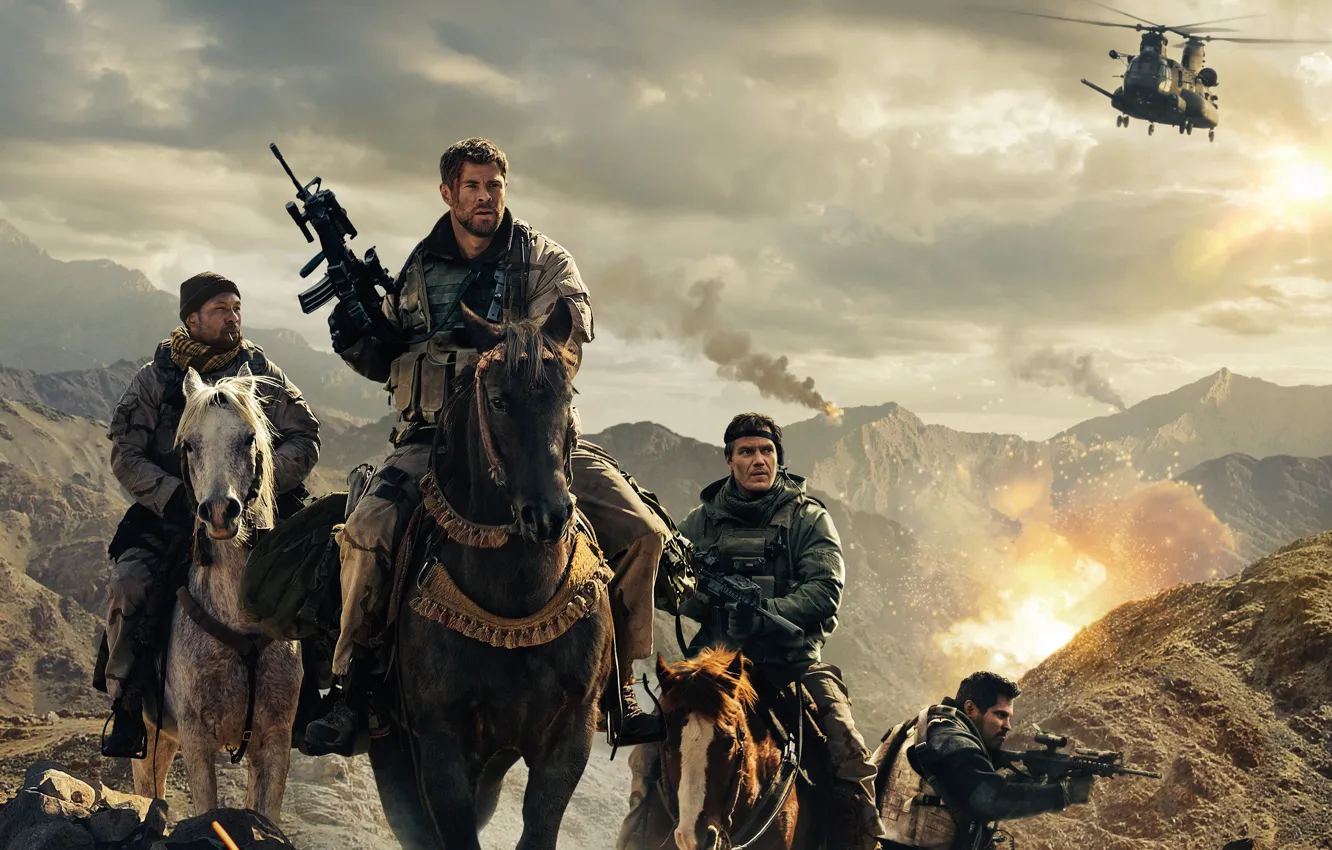 Фото обои горы, оружие, вертолёт, всадники, боевик, постер, Крис Хемсворт, Chris Hemsworth