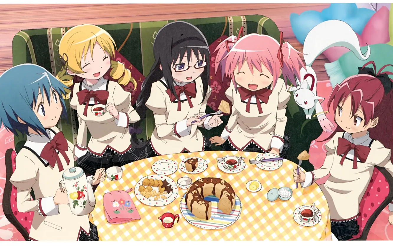 Фото обои чаепитие, веселье, подруги, скатерть, Akemi Homura, Kyubey, Mahou Shoujo Madoka Magica, Mami Futami
