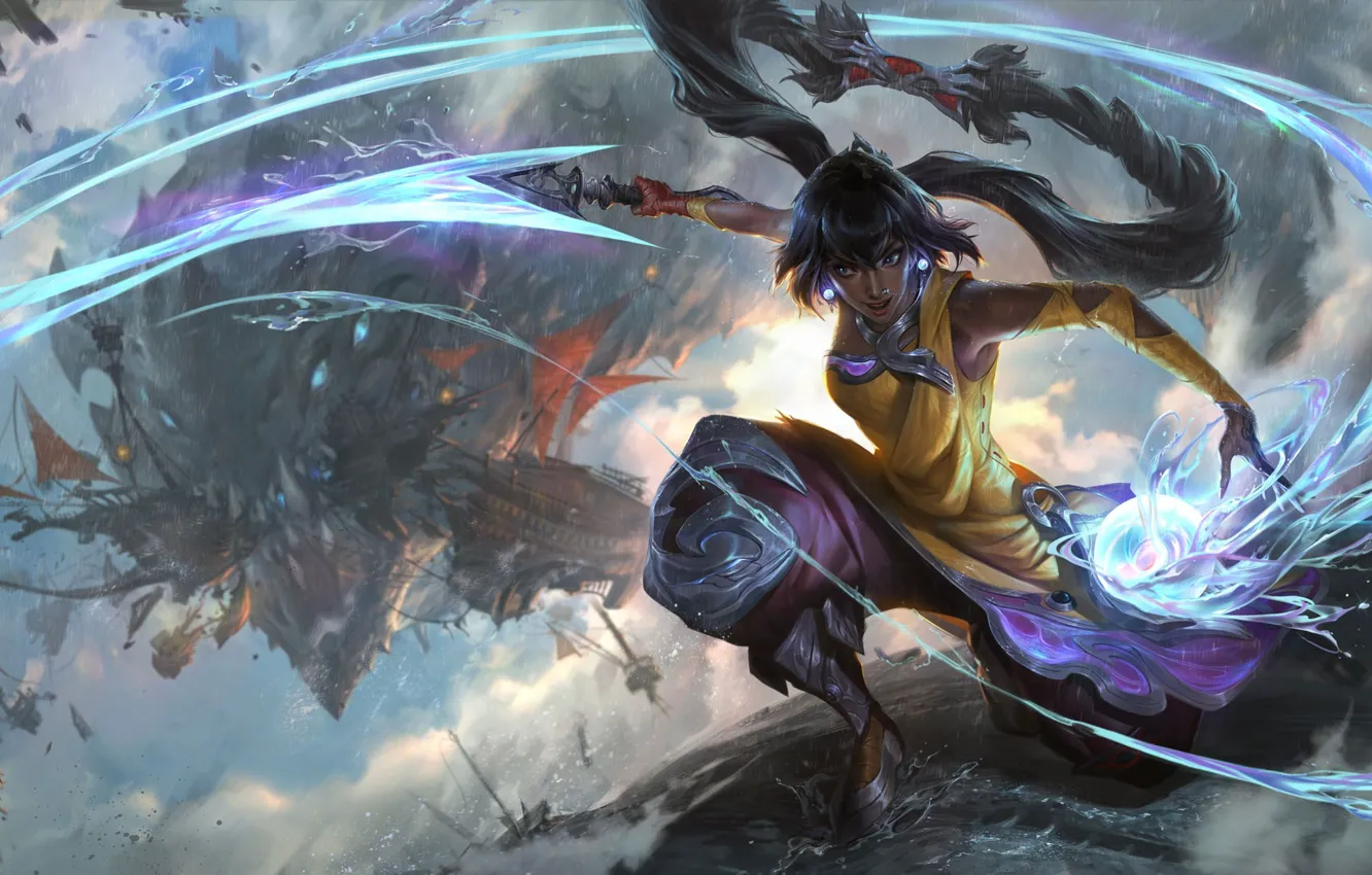 Фото обои league of Legends, девушка с оружием, game art, Nilah