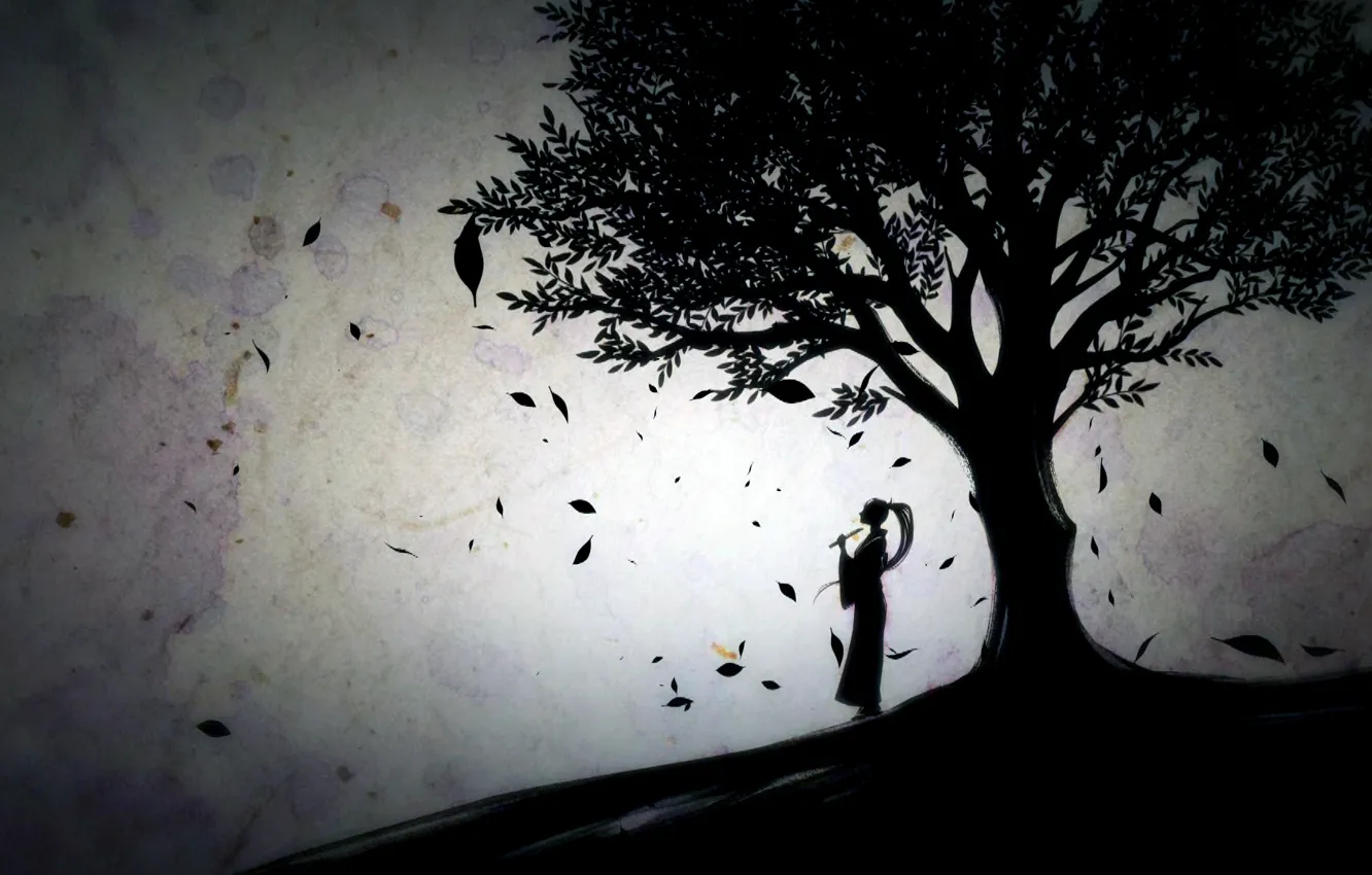 Фото обои girl, game, trees, leaves, digital art, artwork, silhouette, flute