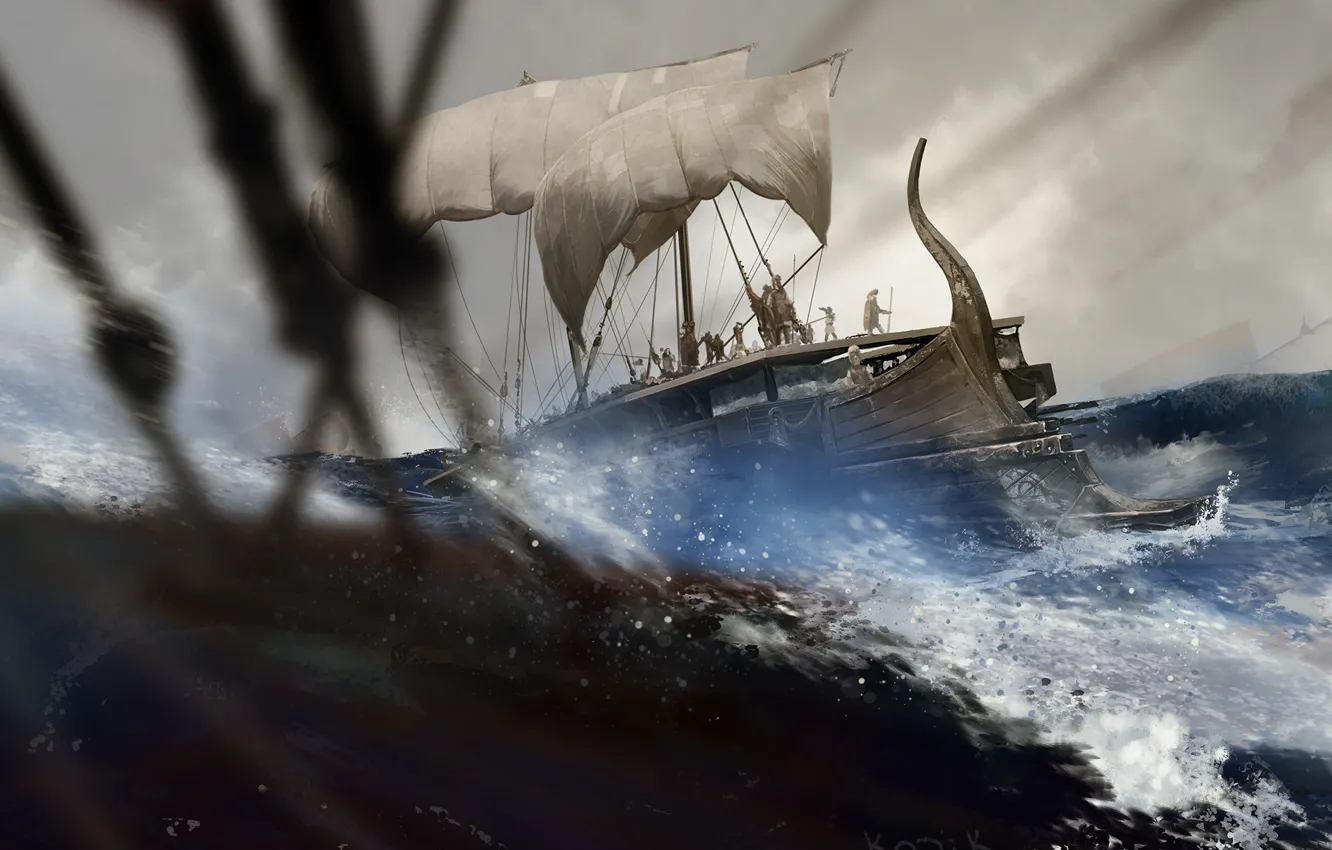 Фото обои волны, шторм, корабль, воины, Trireme