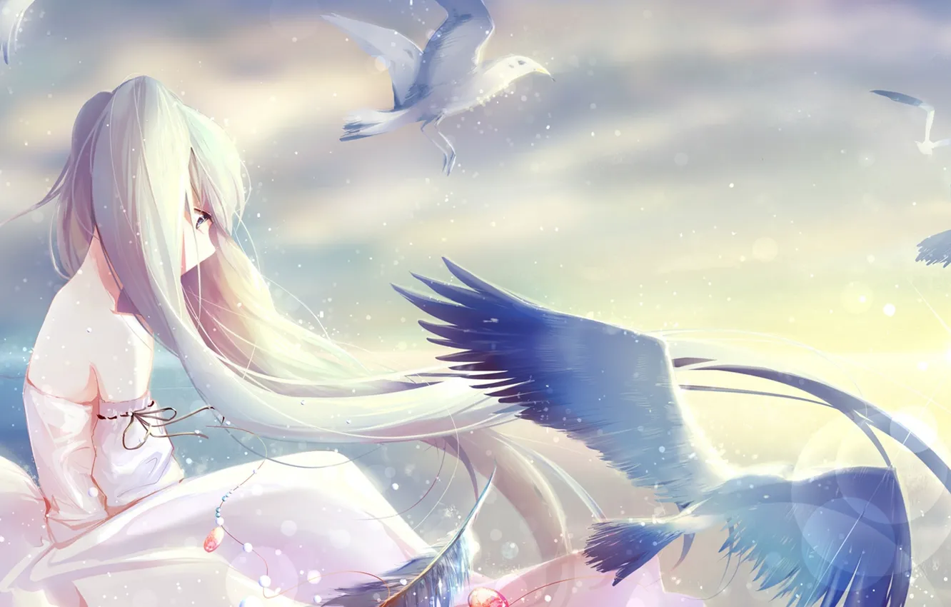 Фото обои hatsune miku, свет, вокалоид, арт, птицы, девушка, holmesa, небо, кулон, vocaloid, облака