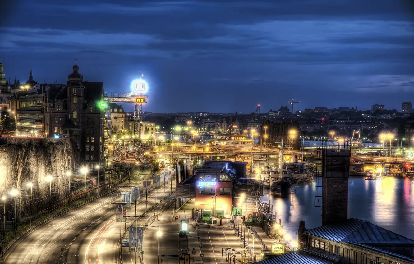 Фото обои ночь, город, фото, дороги, HDR, фонари, Швеция, stockholm