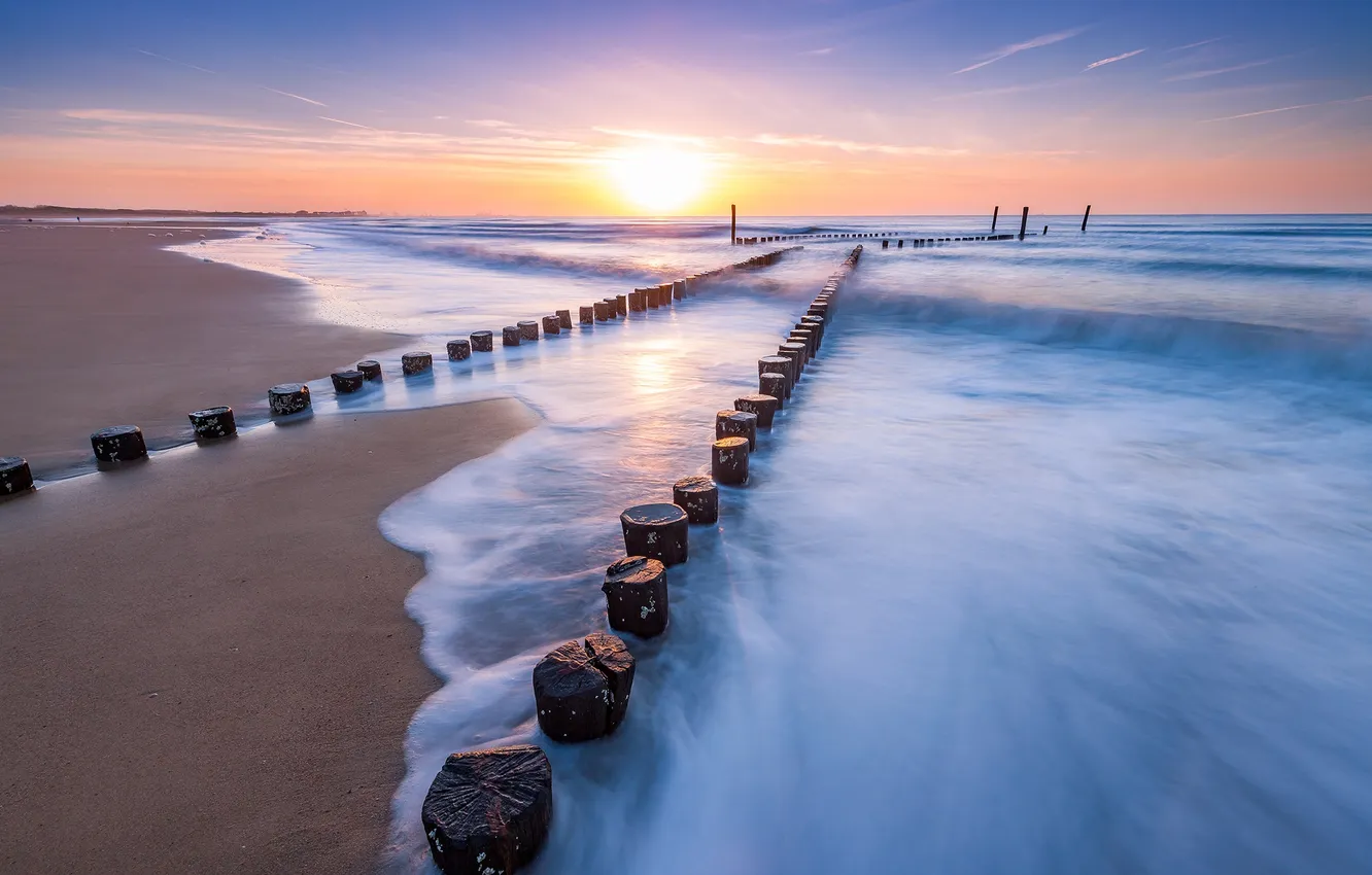 Фото обои Sunset, Netherlands, Zeeuws-vlaanderen, Beach of Cadzand-bad