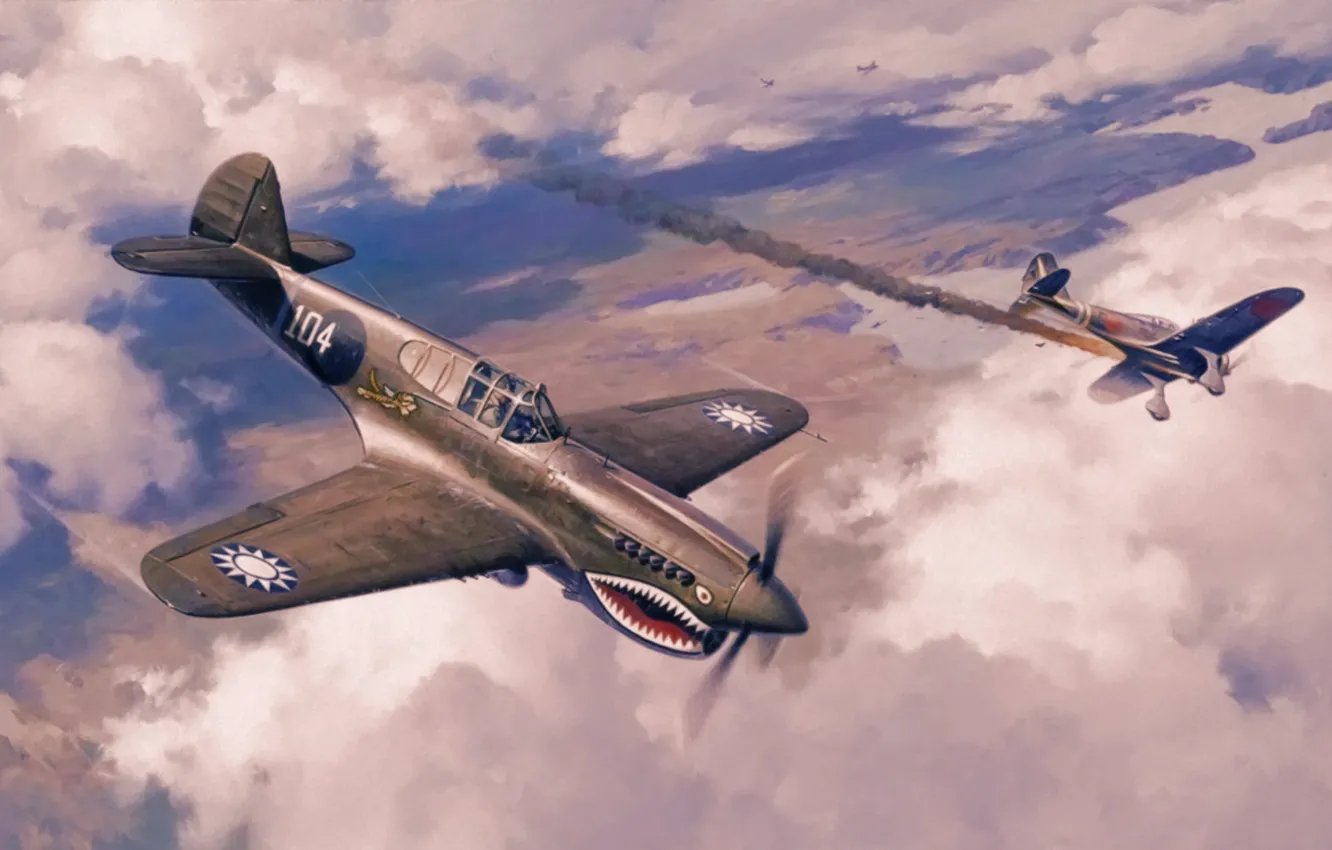 Фото обои war, art, painting, aviation, ww2, nakajima ki-27, Curtiss P-40 Warhaw