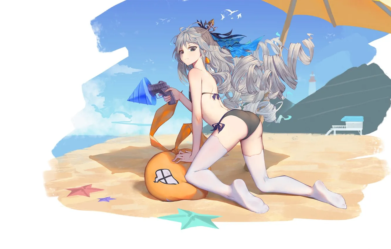 Фото обои пляж, девушка, пистолет, игра, зонт, арт, Honkai Impact 3rd