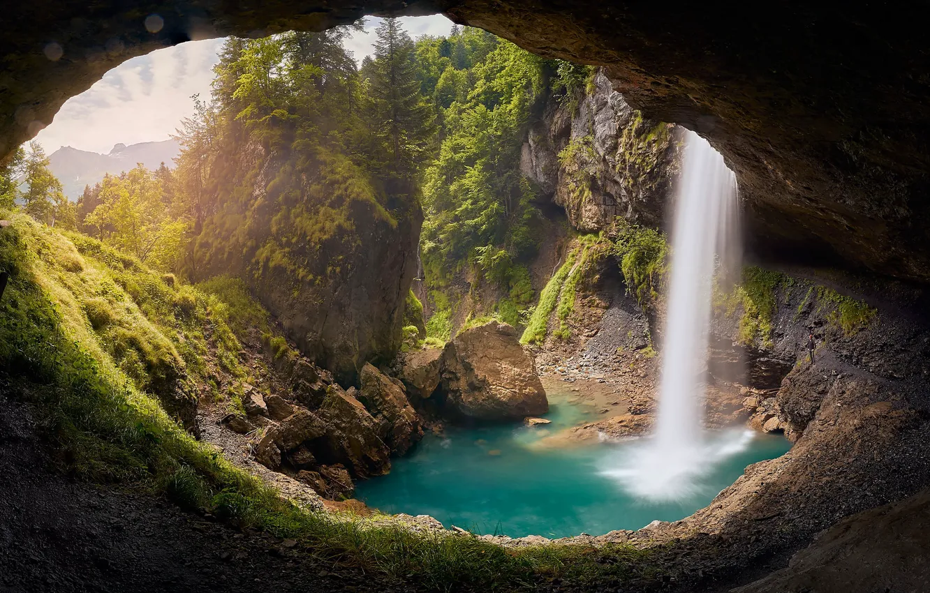 Фото обои камни, скалы, вид, водопад, пещера, свод