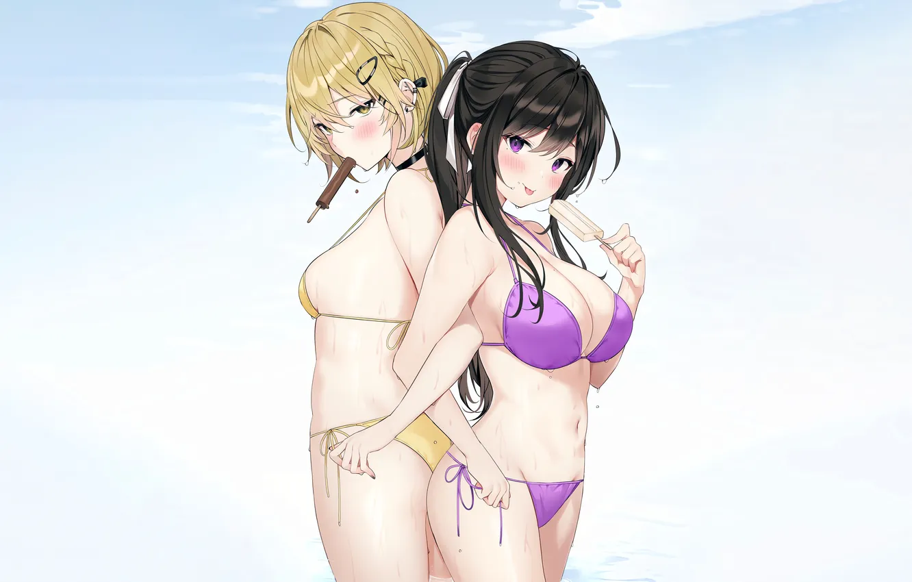Фото обои sexy, wet, cleavage, long hair, girls, boobs, blush, anime