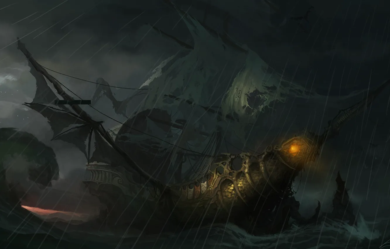 Фото обои свет, шторм, волна, корабль, арт, паруса