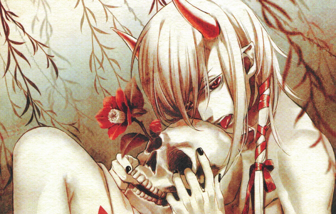 Фото обои череп, демон, красные глаза, высунул язык, красная камелия, ёкай, by yone kazuki, рога на голове