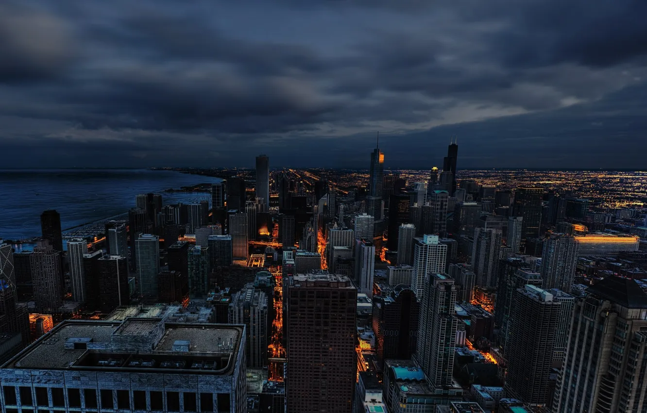 Фото обои тучи, огни, здания, небоскребы, вечер, америка, чикаго, Chicago