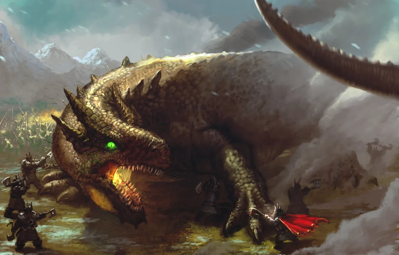Фото обои дракон, гномы, битва, иллюстрация к книге, Tolkien, Dwarves of Belegost, Naugrim