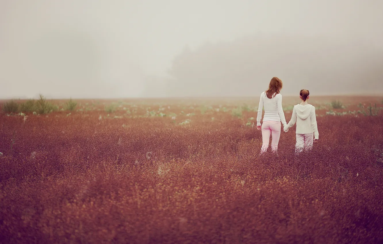 Фото обои поле, трава, девушка, туман, девушки, настроение, утро, прогулка