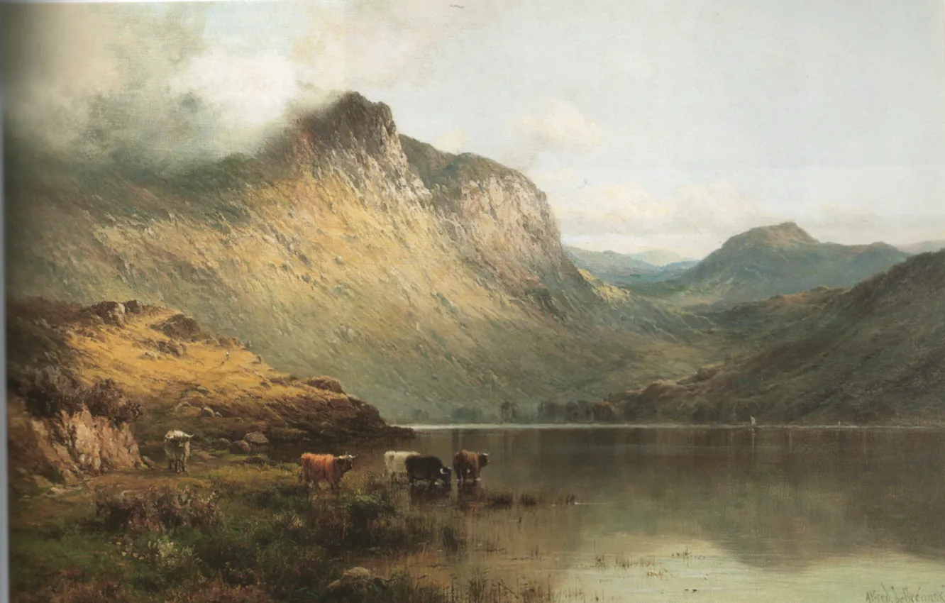 Фото обои горы, река, BREANSKI, BEN AN, буйволы пьют