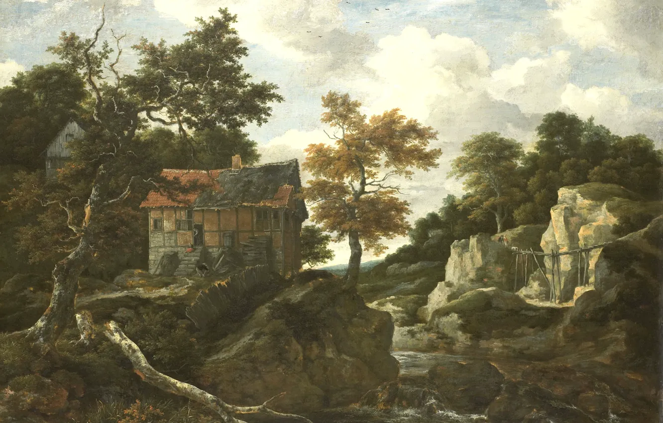Фото обои масло, картина, холст, Якоб ван Рёйсдал, Скалистый Пейзаж