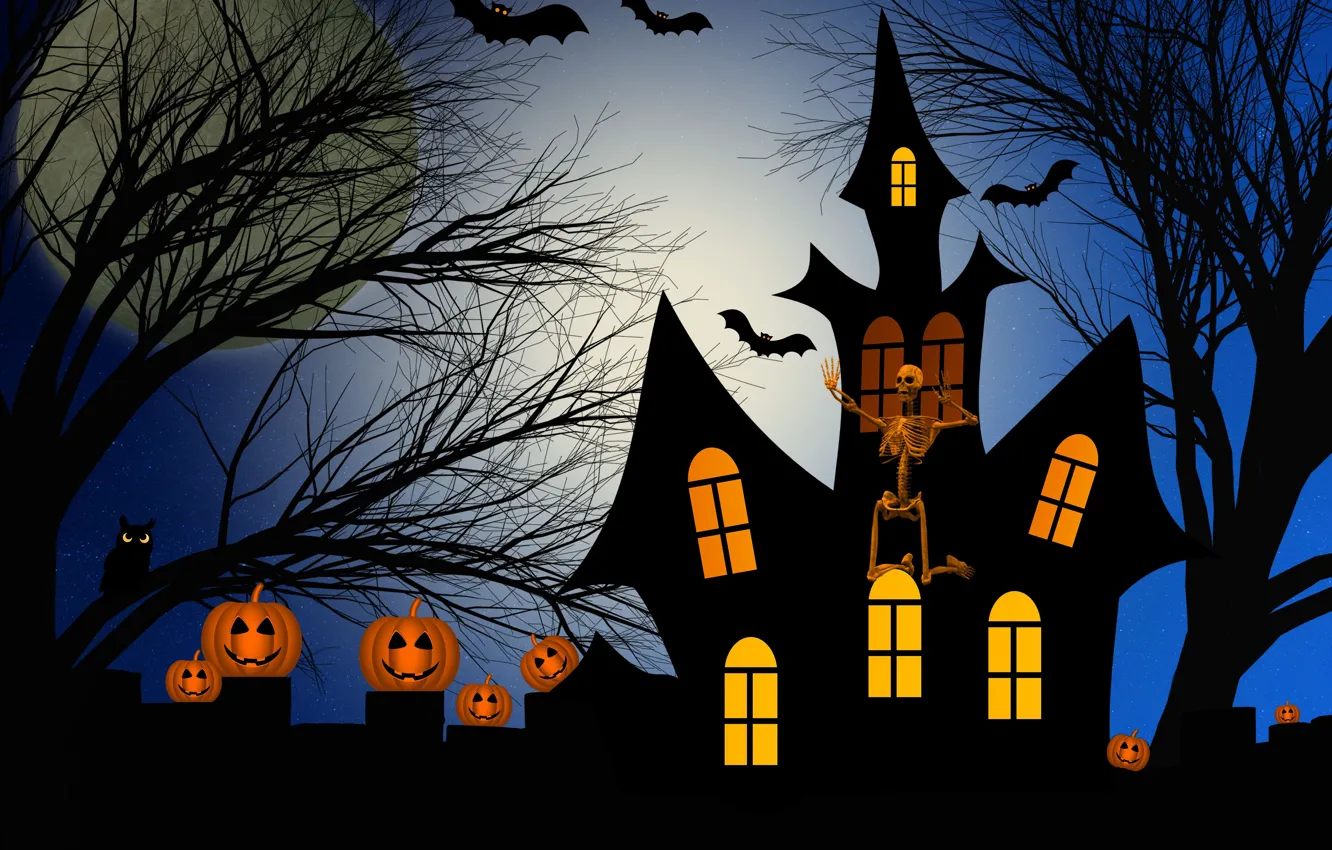 Фото обои ночь, дом, тыквы, Хэллоуин, 31 октября