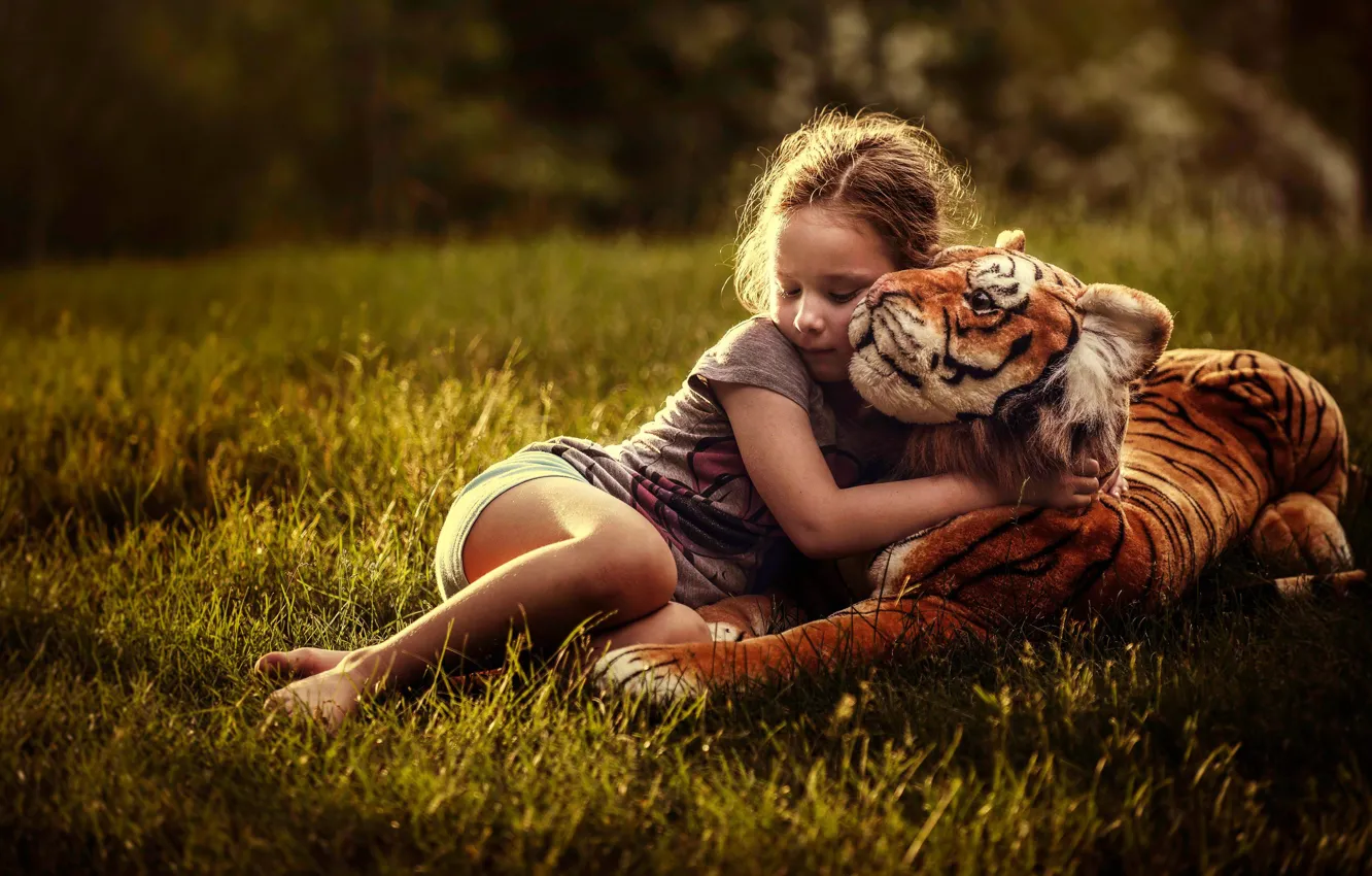 Фото обои лес, трава, детство, тигр, парк, поляна, игрушка, ребенок