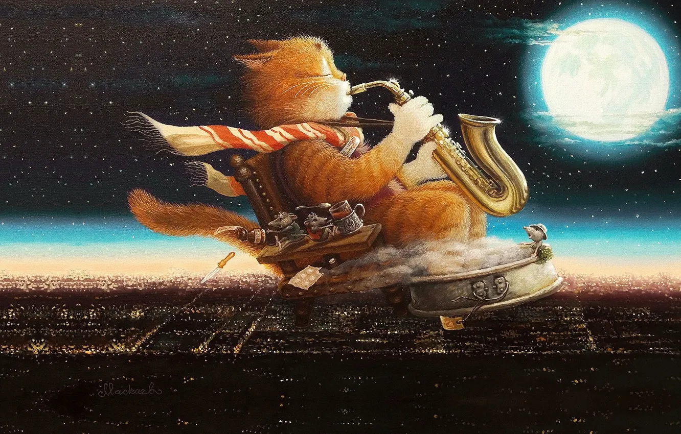 Фото обои кот, ночь, луна, рисунок, сказка, арт, детская, Сказочки кота Кузьмы
