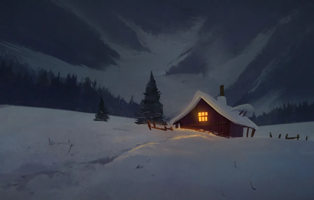 Фото обои зима, лес, небо, облака, снег, ночь, дом, елка