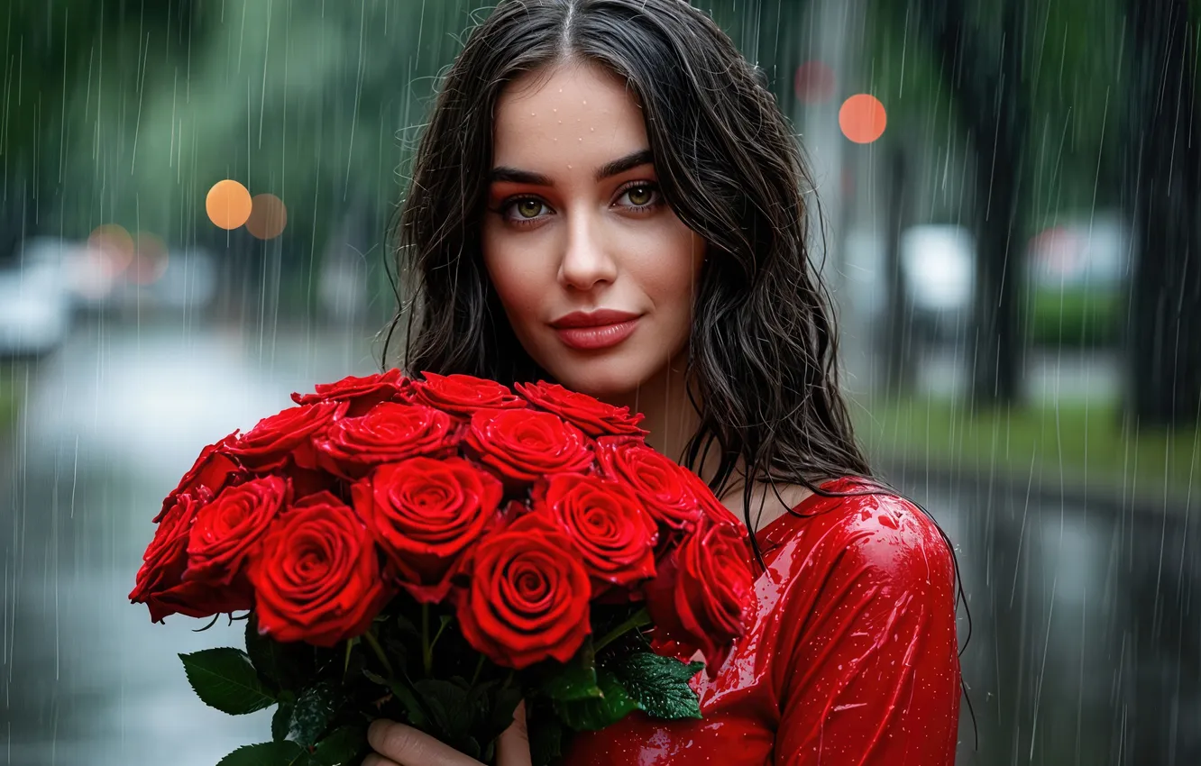 Фото обои взгляд, city, город, дождь, красота, аллея, букет цветов, rain