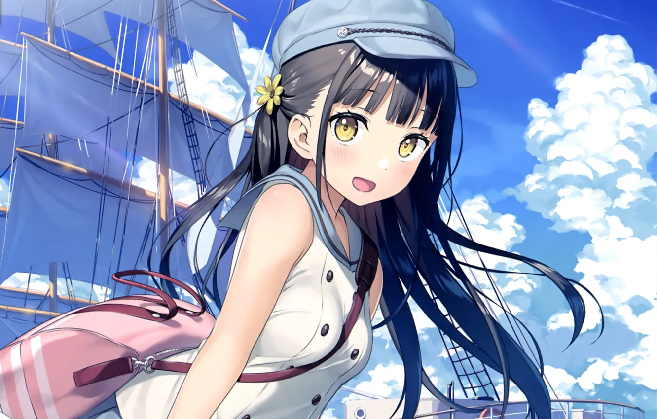 Фото обои облака, паруса, кепка, сумка, мачты, nagisa, на корабле, by kantoku