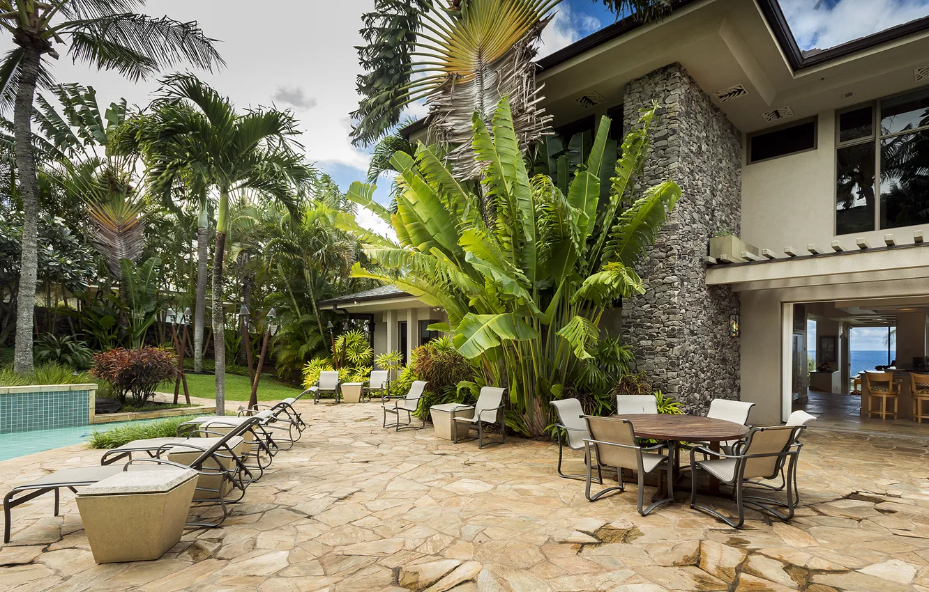 Фото обои pool, garden, home, luxury, hawaii, palm, maui