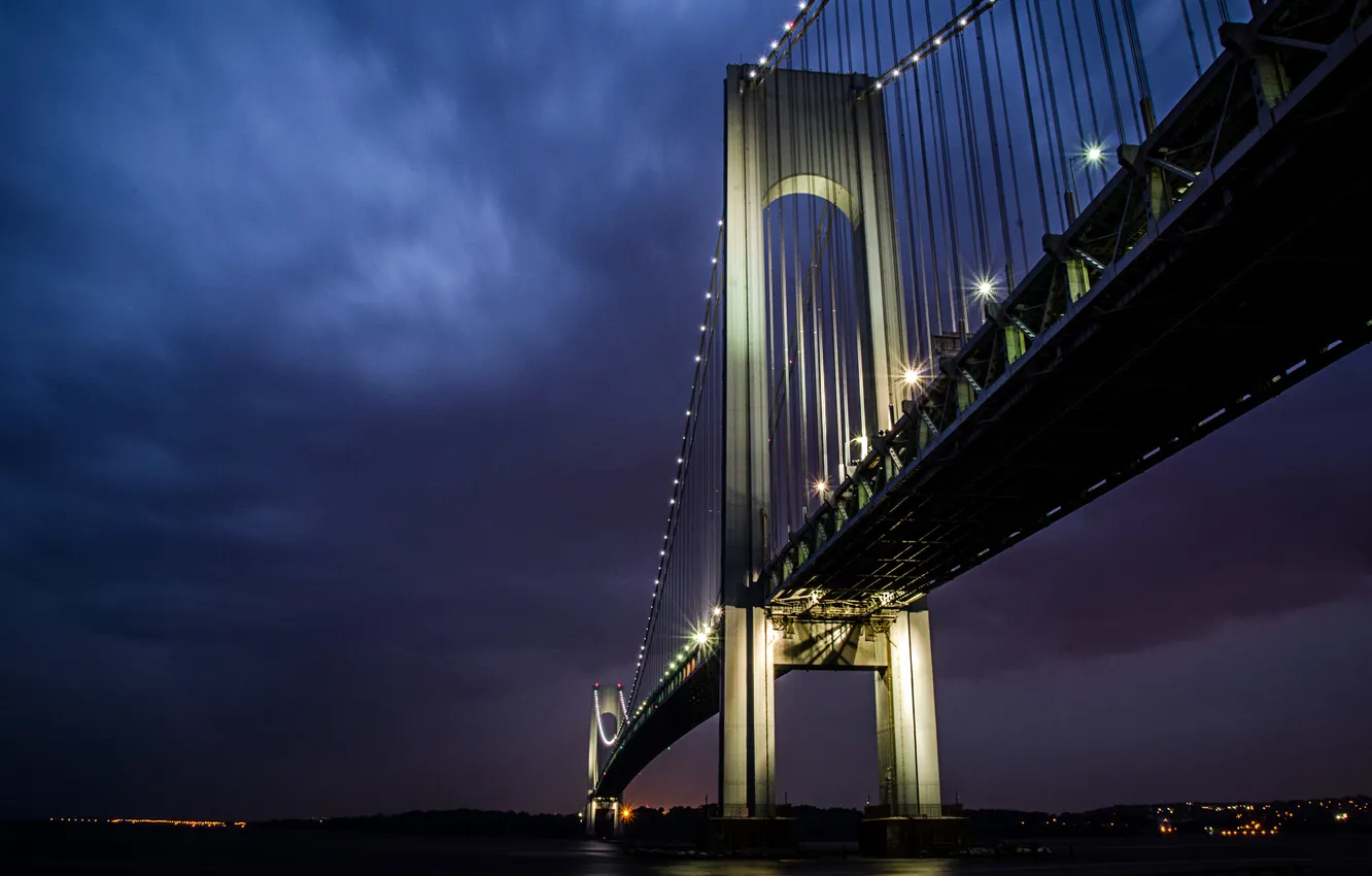 Фото обои ночь, мост, огни, отражение, Бруклин, Нью Йорк, Verrazano-Narrows Bridge