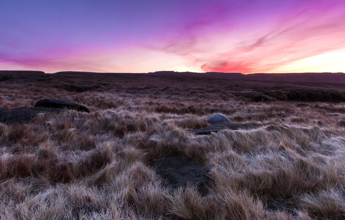 Фото обои трава, закат, горы, природа, камни