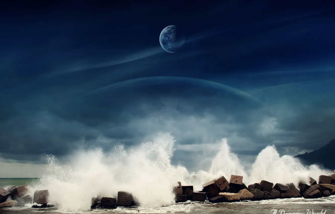 Фото обои море, вода, камни, луна, Dreamy World