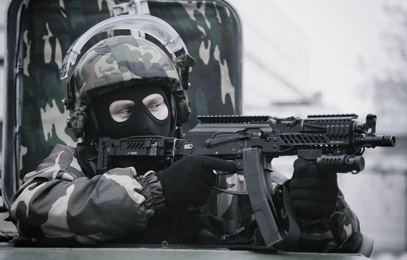 Фото обои маска, солдат, автомат, шлем, боец, Россия, военный, спецназ
