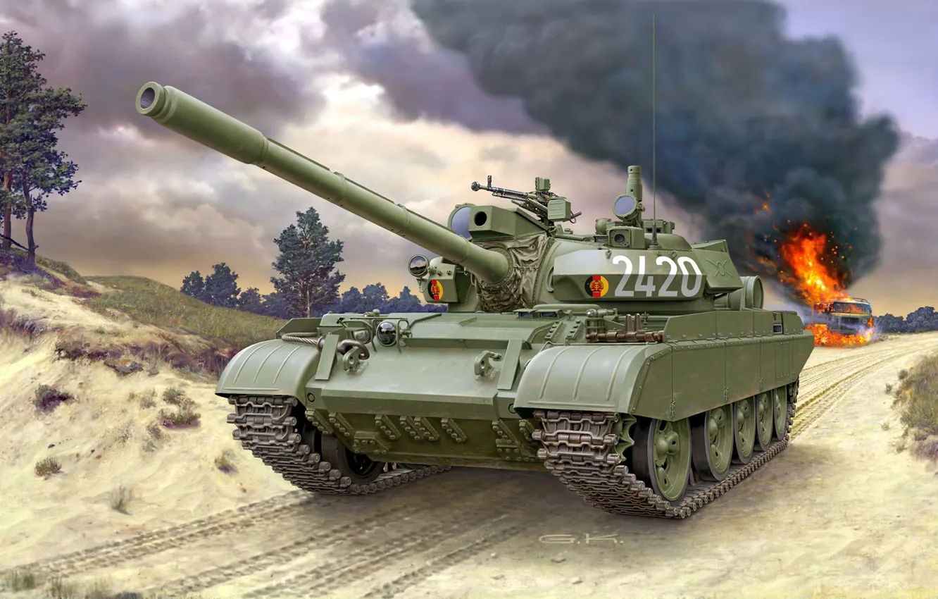 Фото обои дорога, Дым, танк, Советский, NVA, Средний, DDR, Т-55АМ-2B