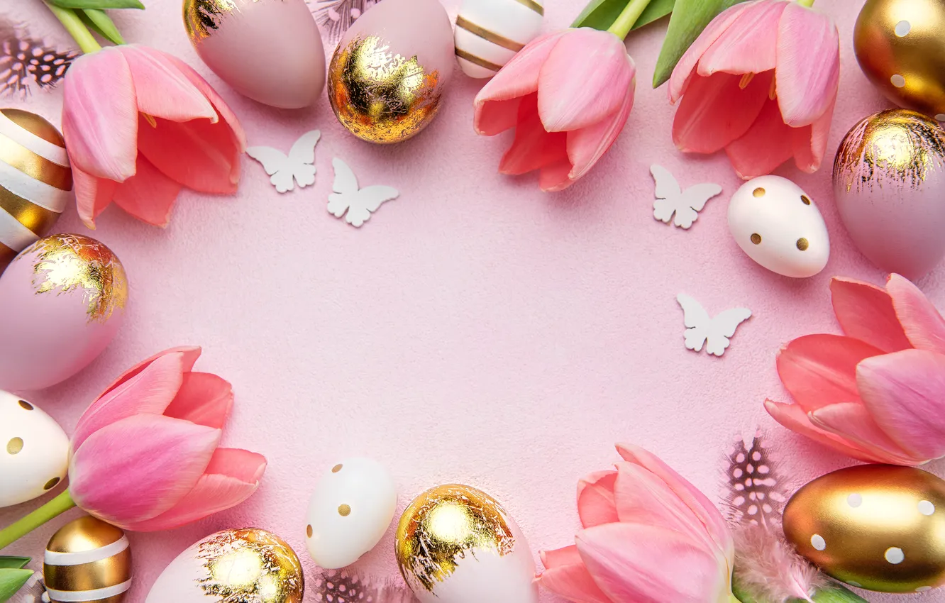 Фото обои цветы, яйца, весна, Пасха, тюльпаны, pink, flowers, tulips
